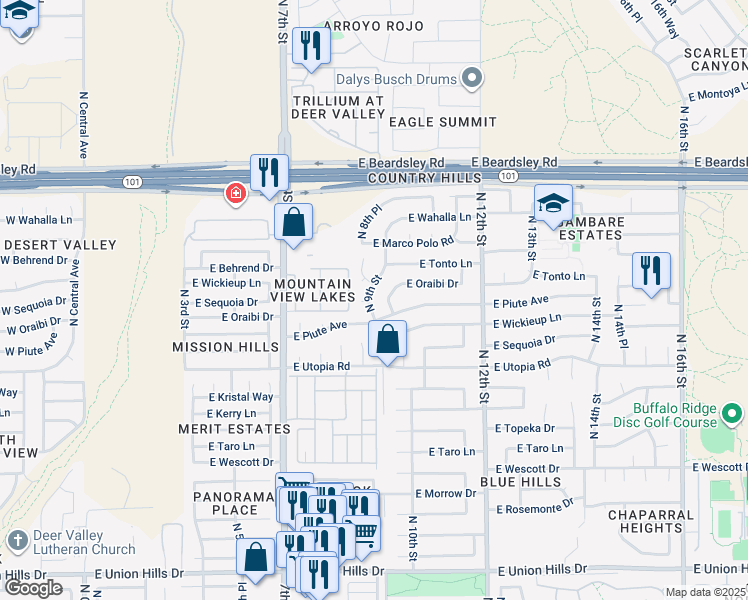 map of restaurants, bars, coffee shops, grocery stores, and more near 19619 North 9th Street in Phoenix