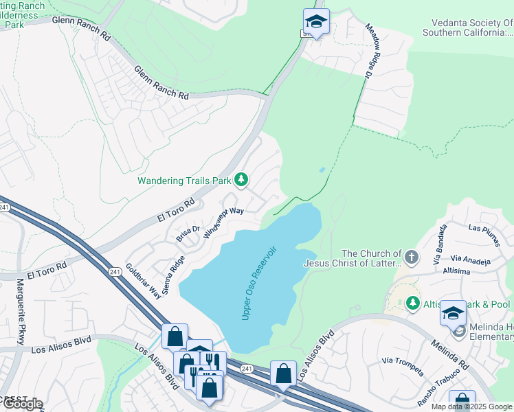 map of restaurants, bars, coffee shops, grocery stores, and more near 36 Windswept Way in Mission Viejo