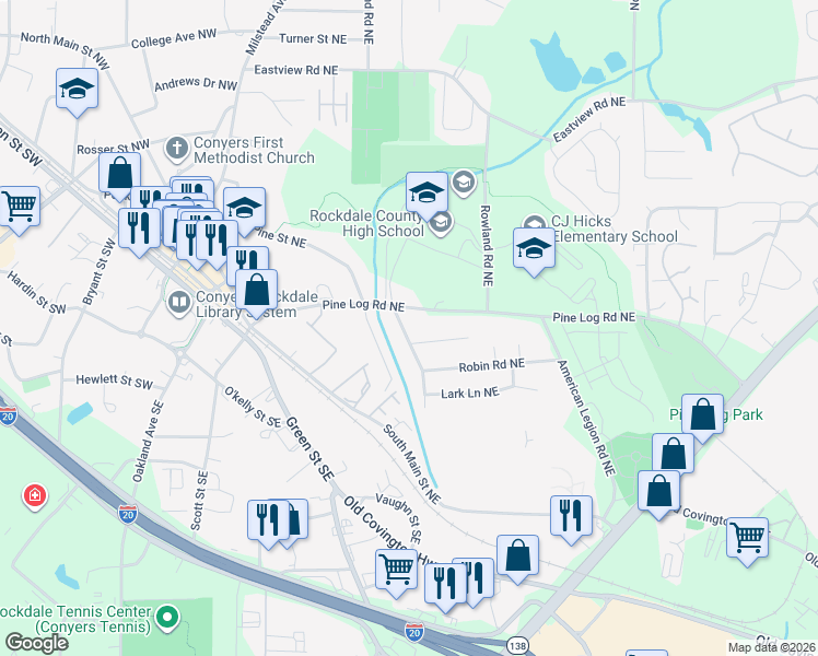 map of restaurants, bars, coffee shops, grocery stores, and more near 807 Greenhill Drive Northeast in Conyers