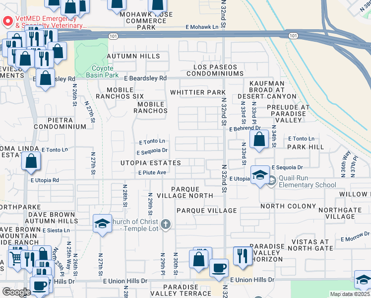 map of restaurants, bars, coffee shops, grocery stores, and more near 19602 North 32nd Street in Phoenix