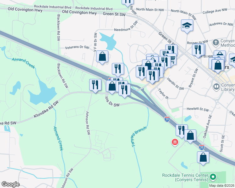 map of restaurants, bars, coffee shops, grocery stores, and more near 1320 Klondike Road Southwest in Conyers