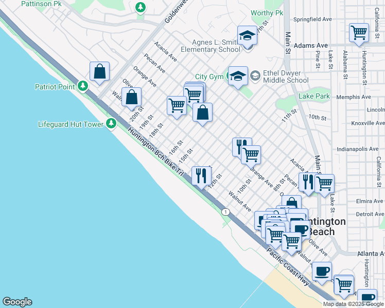map of restaurants, bars, coffee shops, grocery stores, and more near 208 15th Street in Huntington Beach