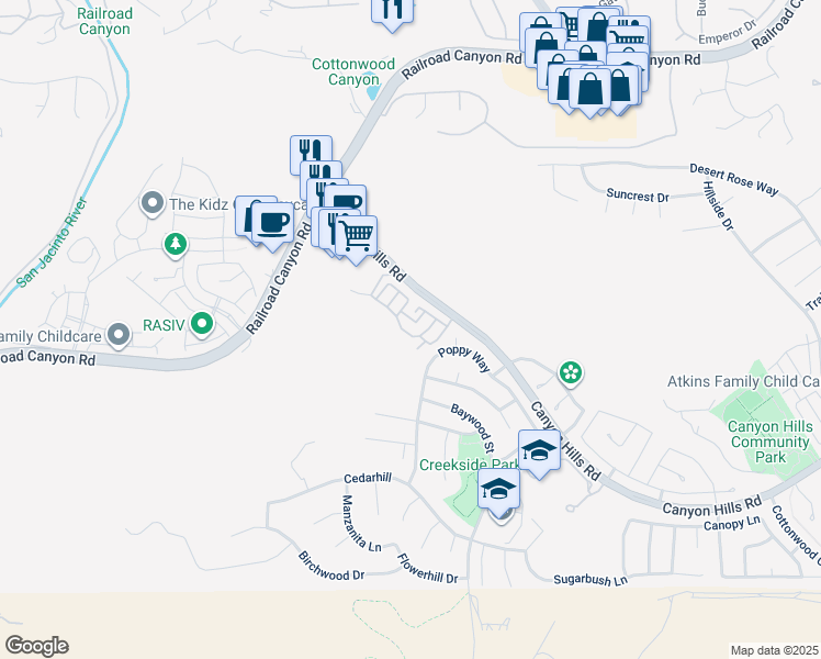 map of restaurants, bars, coffee shops, grocery stores, and more near 30505 Canyon Hills Road in Lake Elsinore