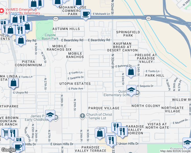 map of restaurants, bars, coffee shops, grocery stores, and more near 19602 North 32nd Street in Phoenix