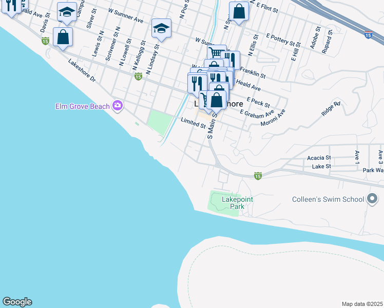 map of restaurants, bars, coffee shops, grocery stores, and more near 105 Lakeshore Drive in Lake Elsinore