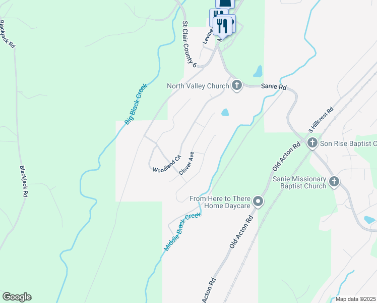 map of restaurants, bars, coffee shops, grocery stores, and more near 940 Clover Street in Odenville