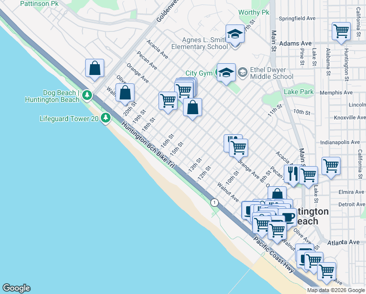 map of restaurants, bars, coffee shops, grocery stores, and more near 208 15th Street in Huntington Beach