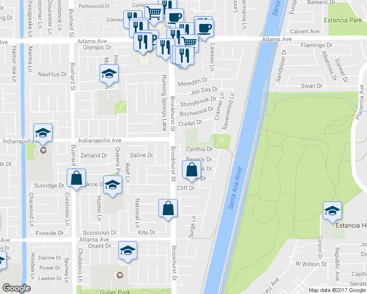 map of restaurants, bars, coffee shops, grocery stores, and more near 20532 Suburbia Lane in Huntington Beach