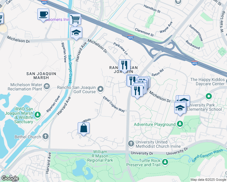 map of restaurants, bars, coffee shops, grocery stores, and more near 30 Navarre in Irvine