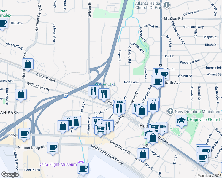 map of restaurants, bars, coffee shops, grocery stores, and more near 3316 Stillwood Lane in Hapeville