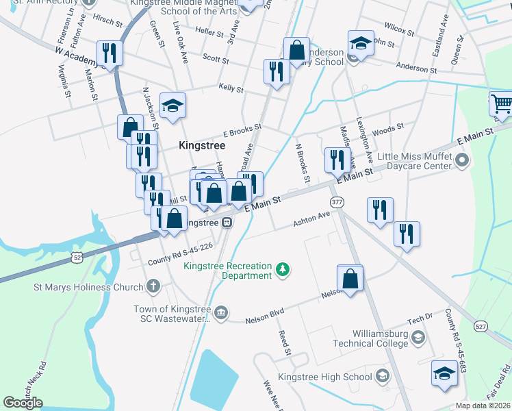 map of restaurants, bars, coffee shops, grocery stores, and more near 245 E Main St in Kingstree