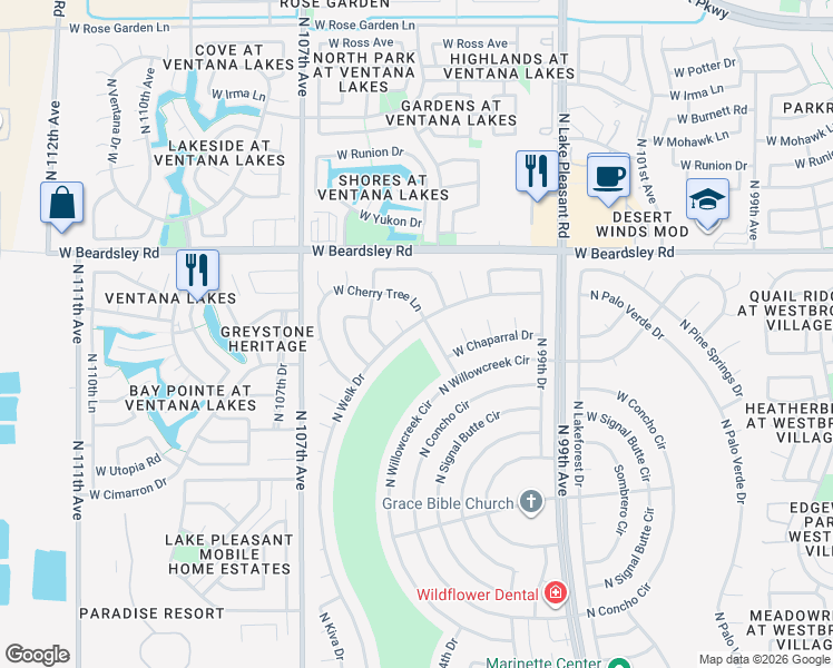 map of restaurants, bars, coffee shops, grocery stores, and more near 19833 North Welk Drive in Sun City