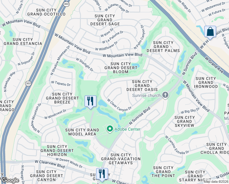 map of restaurants, bars, coffee shops, grocery stores, and more near 15869 W Clearwater Way in Surprise