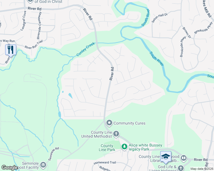 map of restaurants, bars, coffee shops, grocery stores, and more near 3821 River Road in Ellenwood