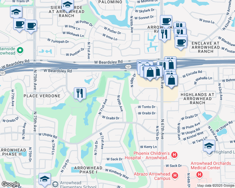 map of restaurants, bars, coffee shops, grocery stores, and more near 6902 West Marco Polo Road in Glendale