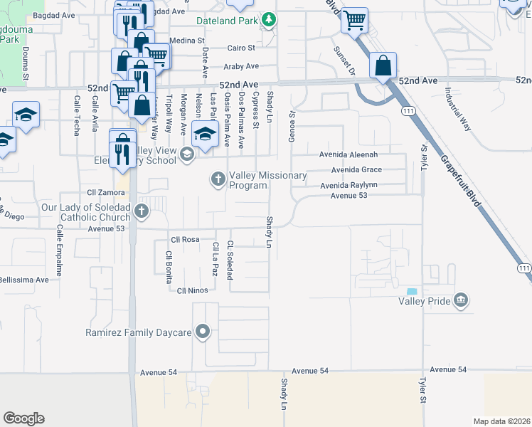 map of restaurants, bars, coffee shops, grocery stores, and more near 85576 Stacie Lane in Coachella