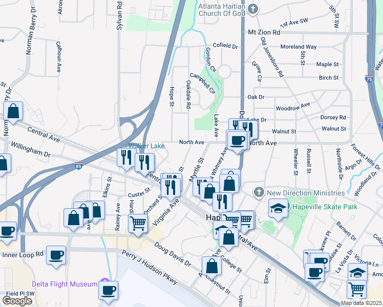 map of restaurants, bars, coffee shops, grocery stores, and more near 3284 Sims Street in Atlanta