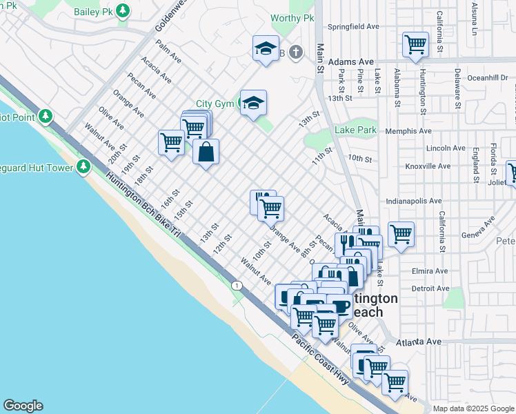 map of restaurants, bars, coffee shops, grocery stores, and more near 408 12th Street in Huntington Beach