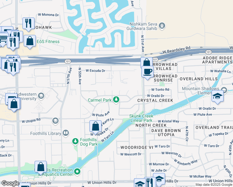 map of restaurants, bars, coffee shops, grocery stores, and more near 5236 West Tonto Road in Glendale