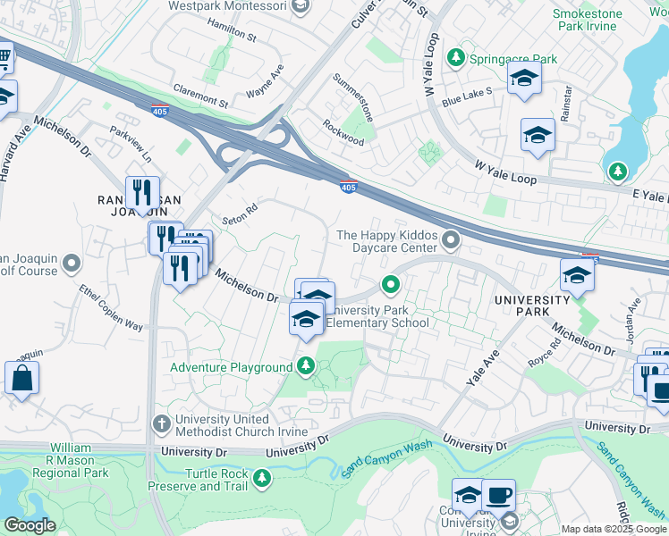 map of restaurants, bars, coffee shops, grocery stores, and more near 9 Lancewood Way in Irvine