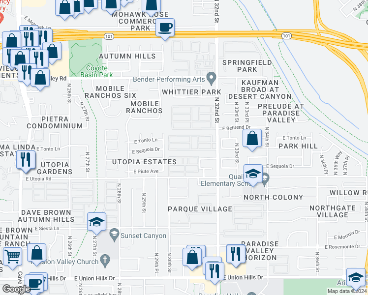 map of restaurants, bars, coffee shops, grocery stores, and more near 19602 North 32nd Street in Phoenix