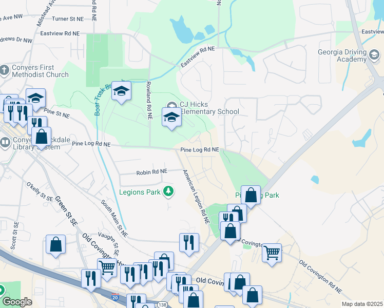 map of restaurants, bars, coffee shops, grocery stores, and more near 1357 Pine Logging Road Northeast in Conyers