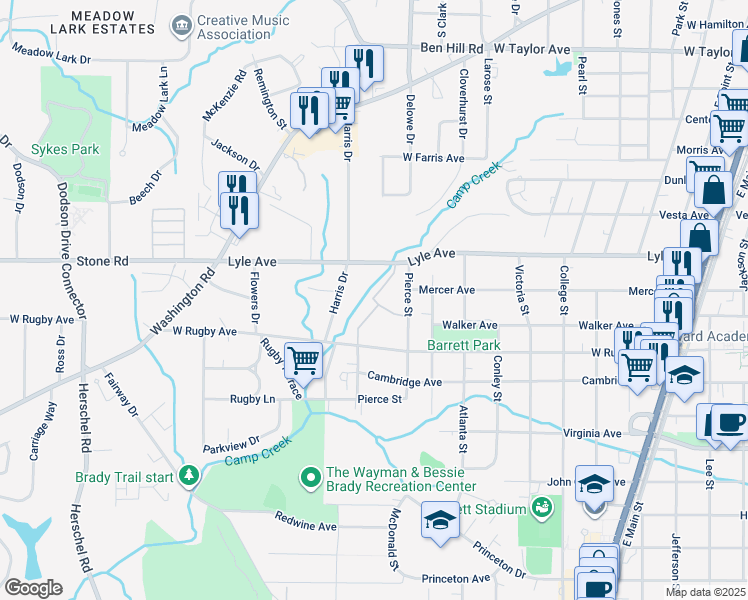 map of restaurants, bars, coffee shops, grocery stores, and more near 2165 Rugby Ave in College Park