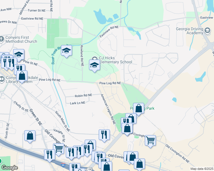 map of restaurants, bars, coffee shops, grocery stores, and more near 1357 Pine Logging Road Northeast in Conyers