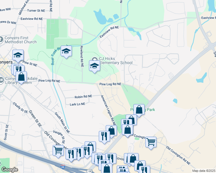 map of restaurants, bars, coffee shops, grocery stores, and more near 1357 Pine Logging Road Northeast in Conyers