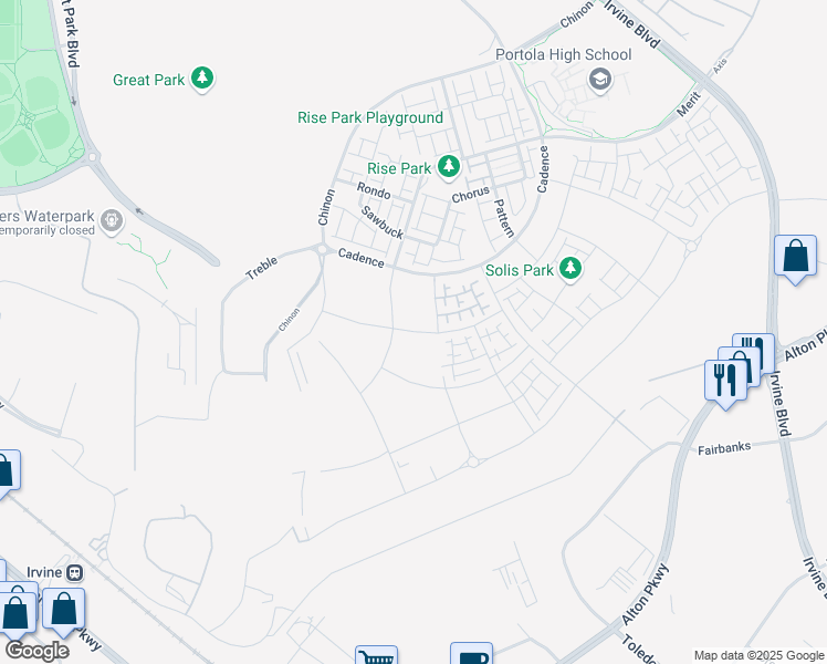 map of restaurants, bars, coffee shops, grocery stores, and more near 240 Sora in Irvine