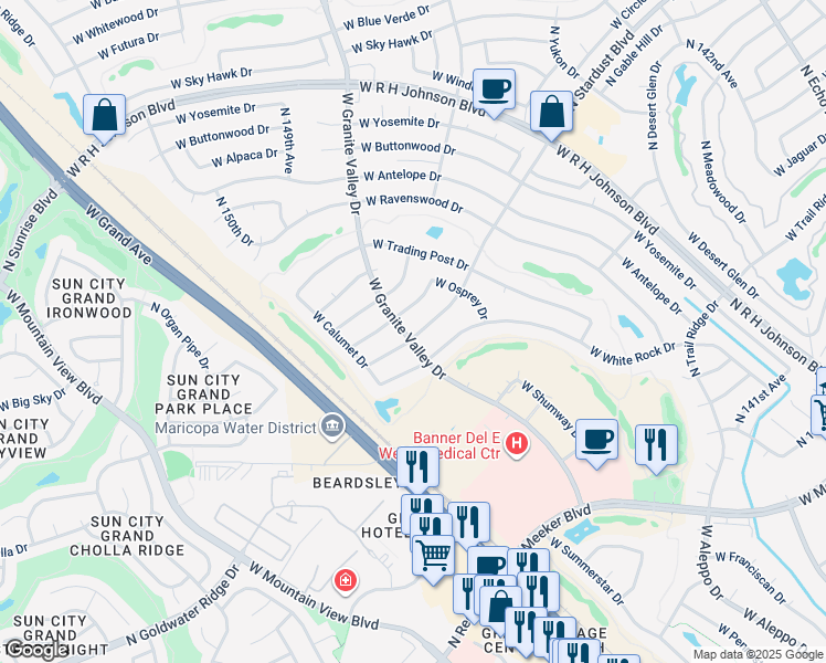 map of restaurants, bars, coffee shops, grocery stores, and more near 19802 North Stardust Boulevard in Sun City West