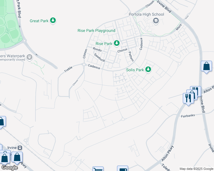 map of restaurants, bars, coffee shops, grocery stores, and more near 258 Sora in Irvine