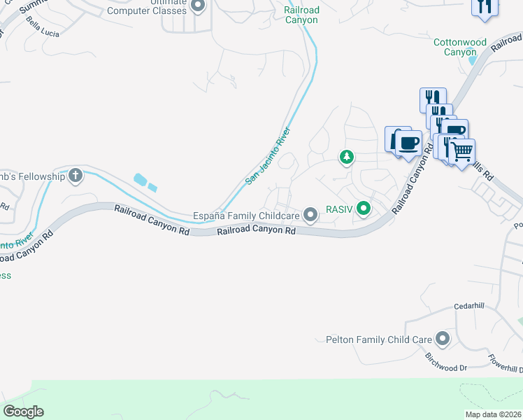 map of restaurants, bars, coffee shops, grocery stores, and more near 24073 Elderberry Lane in Lake Elsinore