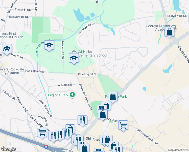 map of restaurants, bars, coffee shops, grocery stores, and more near 844 Park Place Northeast in Conyers