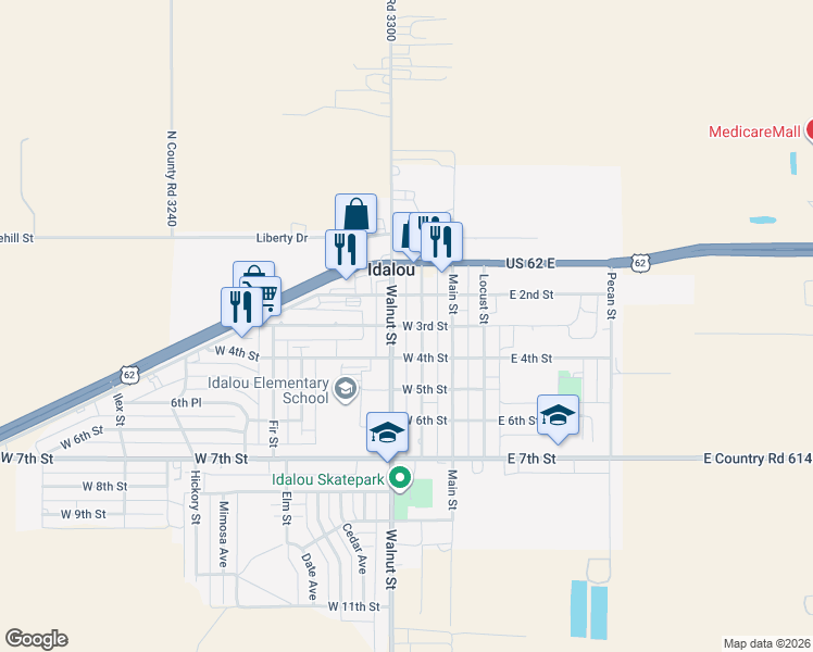 map of restaurants, bars, coffee shops, grocery stores, and more near 211 West 3rd Street in Idalou