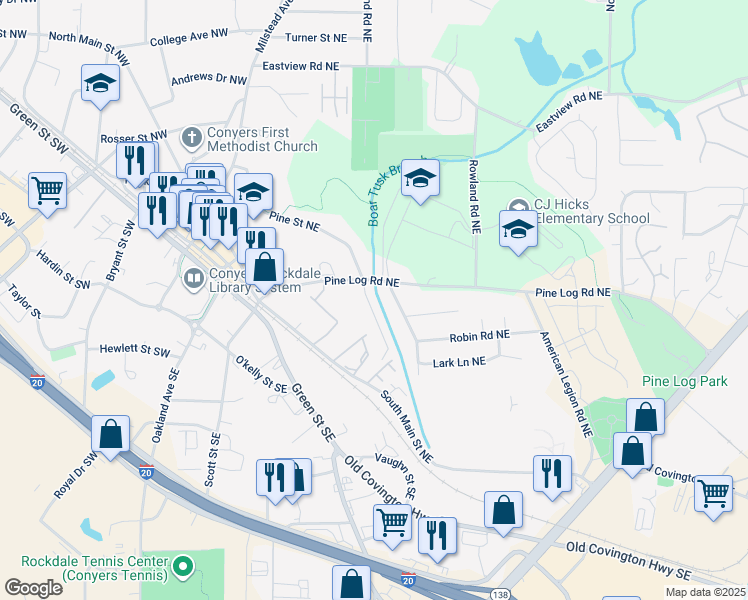 map of restaurants, bars, coffee shops, grocery stores, and more near 815 South Pine Street Northeast in Conyers
