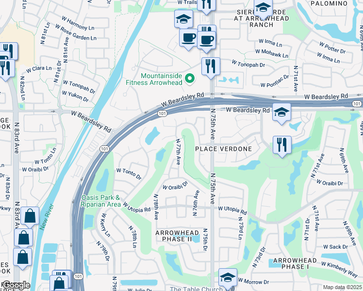 map of restaurants, bars, coffee shops, grocery stores, and more near 19933 North 77th Avenue in Glendale