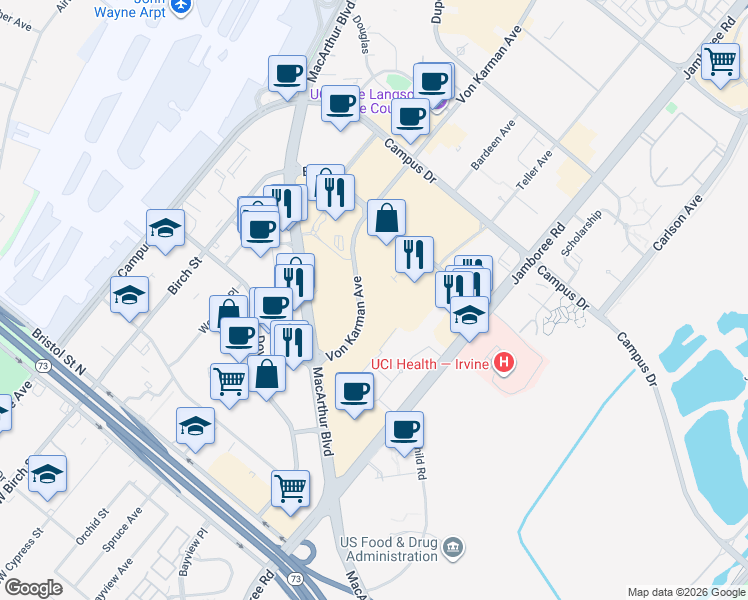 map of restaurants, bars, coffee shops, grocery stores, and more near 4360 Von Karman Avenue in Newport Beach