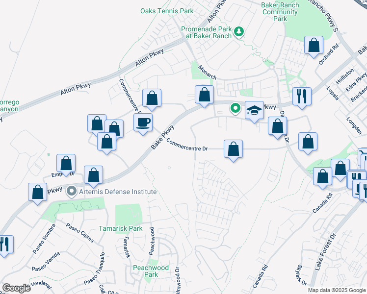 map of restaurants, bars, coffee shops, grocery stores, and more near 25530 Commerce Center Drive in Los Angeles County