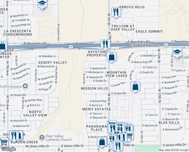 map of restaurants, bars, coffee shops, grocery stores, and more near 422 East Sequoia Drive in Phoenix