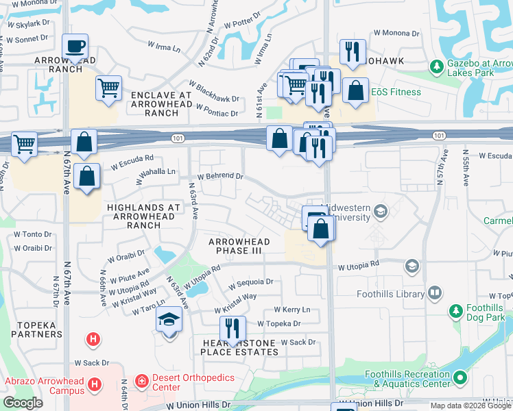 map of restaurants, bars, coffee shops, grocery stores, and more near 5901 West Behrend Drive in Glendale
