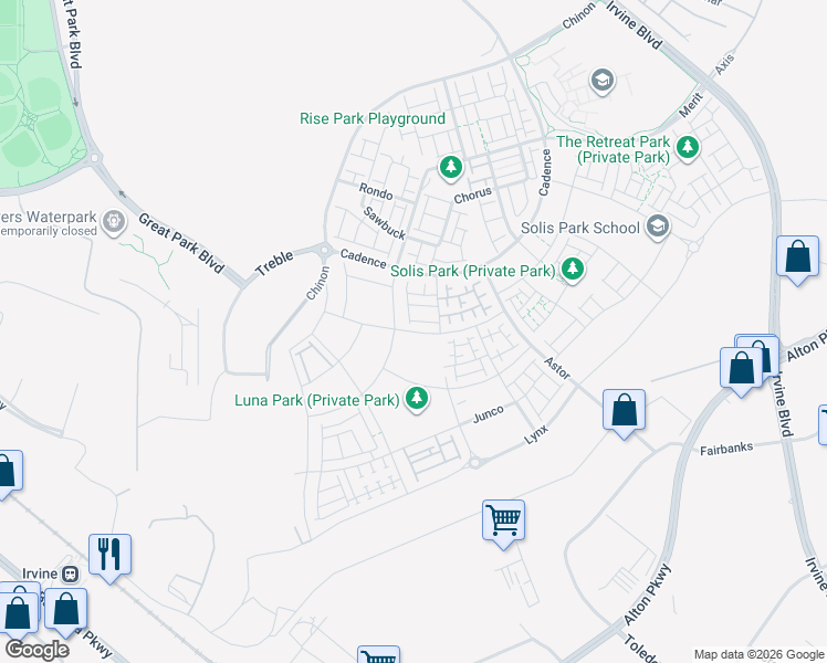 map of restaurants, bars, coffee shops, grocery stores, and more near Z Street in Irvine