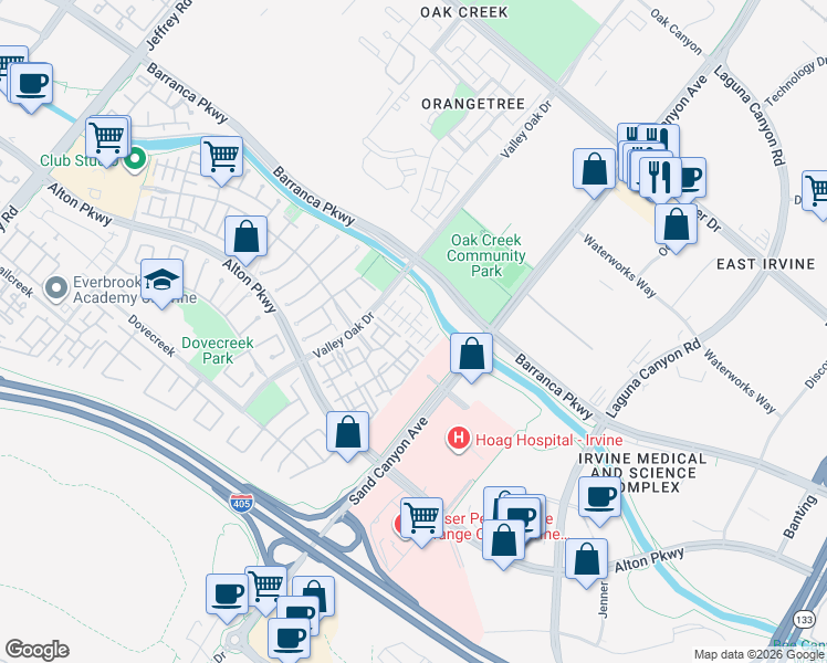 map of restaurants, bars, coffee shops, grocery stores, and more near 54 Alevera in Irvine
