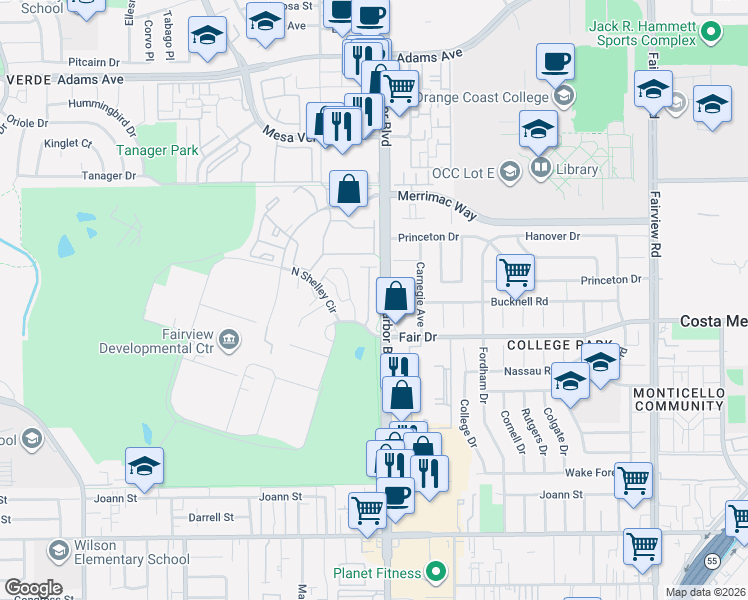 map of restaurants, bars, coffee shops, grocery stores, and more near 2514 Harbor Boulevard in Costa Mesa