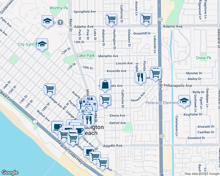 map of restaurants, bars, coffee shops, grocery stores, and more near 218 Indianapolis Avenue in Huntington Beach