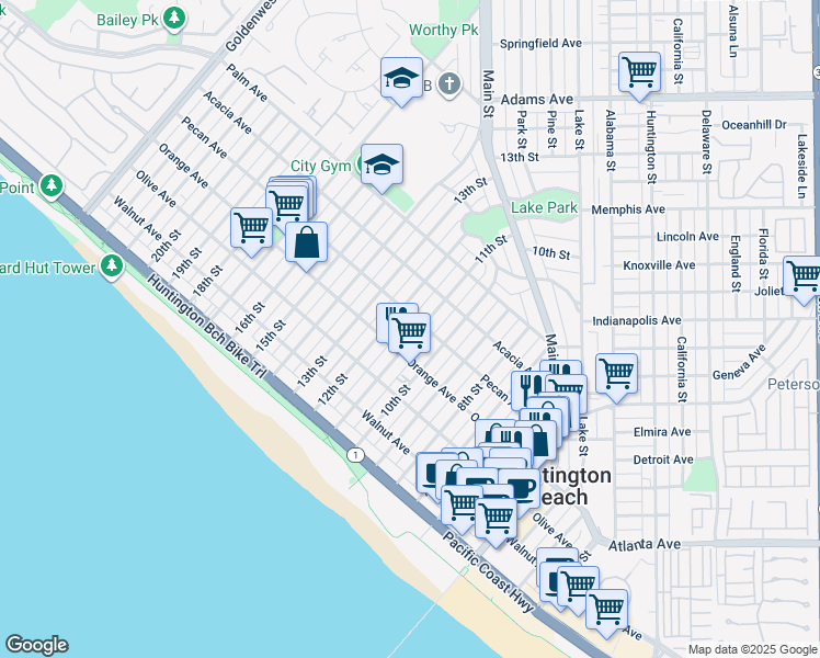 map of restaurants, bars, coffee shops, grocery stores, and more near 414 12th Street in Huntington Beach