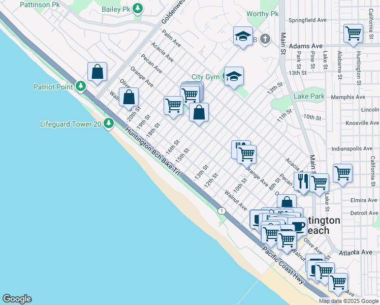 map of restaurants, bars, coffee shops, grocery stores, and more near 206 15th Street in Huntington Beach