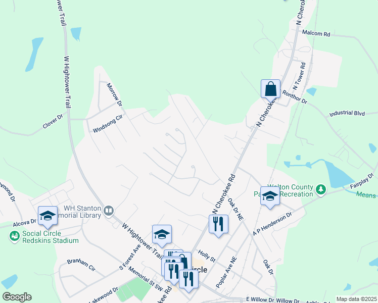 map of restaurants, bars, coffee shops, grocery stores, and more near 690 Park Place Way in Social Circle