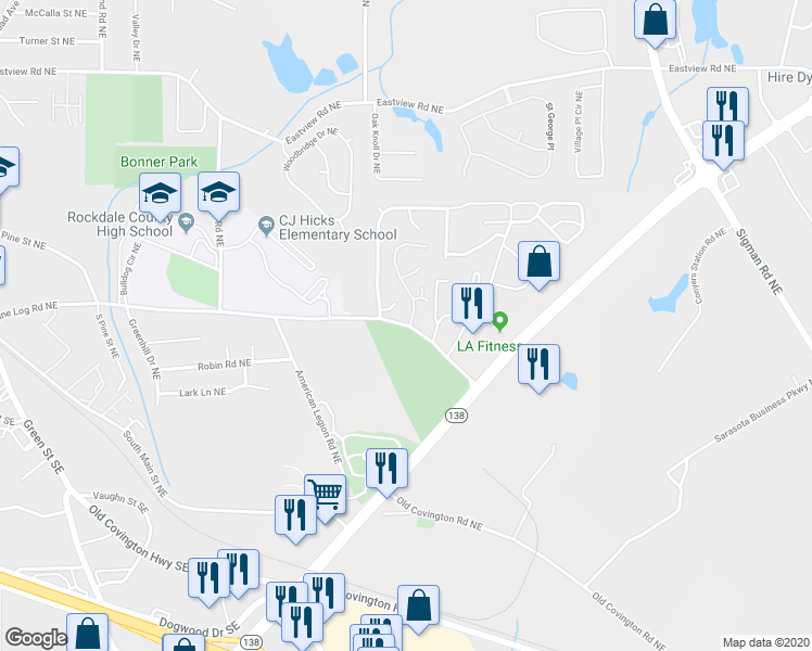 map of restaurants, bars, coffee shops, grocery stores, and more near 1435 Spring Mill Cove Northeast in Conyers