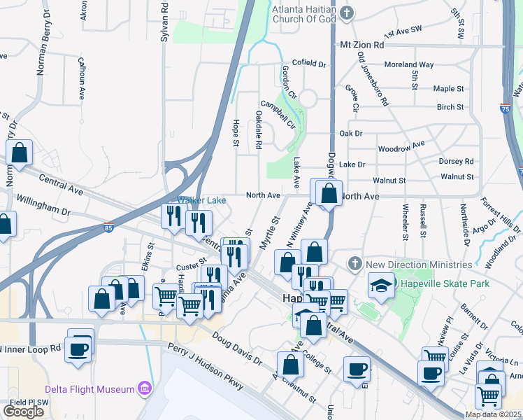map of restaurants, bars, coffee shops, grocery stores, and more near 3284 Sims Street in Atlanta